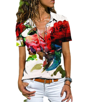 قميص فضفاضة بأكمام قصيرة وطبعة زهور - سوق وان جملة